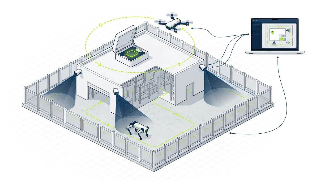 Schéma isométrique de la solution : chien robot Briard au sol, drone et sa station sur le toit, caméras IA aux angles du bâtiment, reliés à un portail de supervision unique