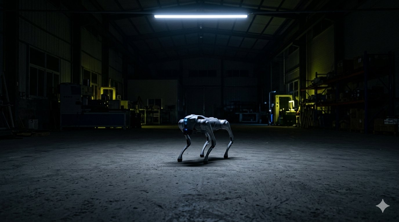 Briard en ronde de nuit dans un hall industriel faiblement éclairé.